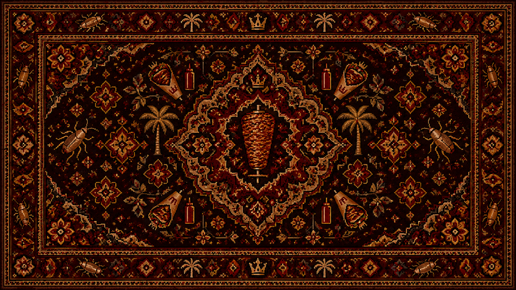 Alfombra pixel-art de Kevabrö con kebab y cucarachas