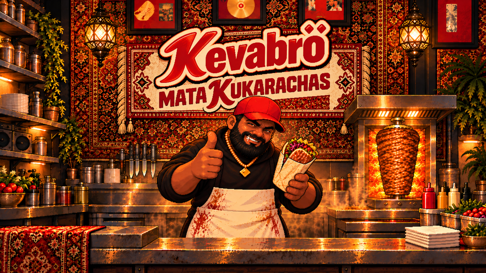 Pantalla de inicio de Kevabrö Mata Kukarachas con Ahmed en la cocina