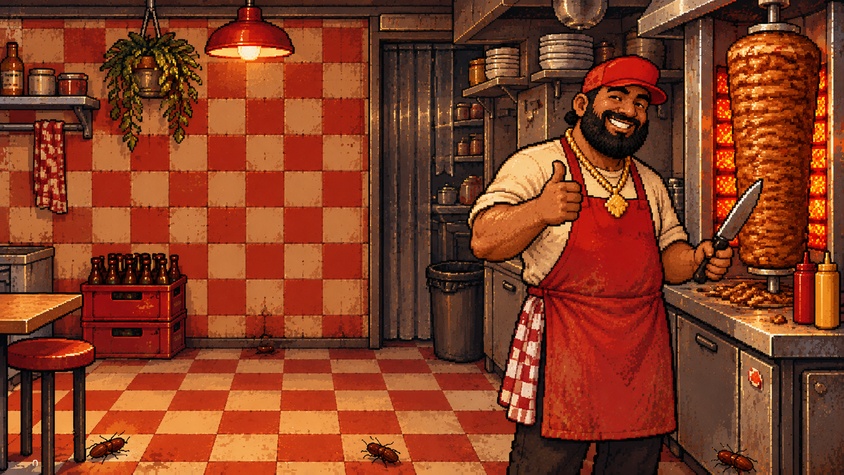 Cocina pixel-art de Kevabrö con el chef y tres cucarachas